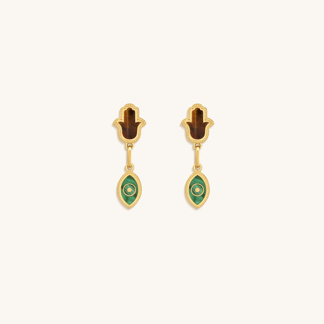 Dreams Secured Tiger’s Eye & Malachite Hamsa & Evil Eye Earrings