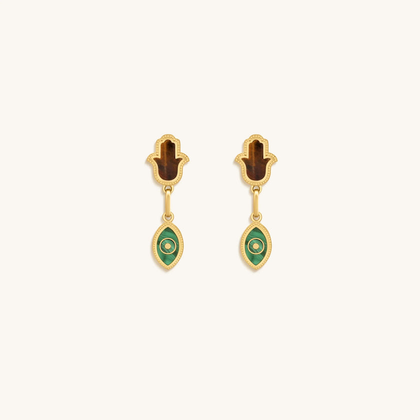 Dreams Secured Tiger’s Eye & Malachite Hamsa & Evil Eye Earrings