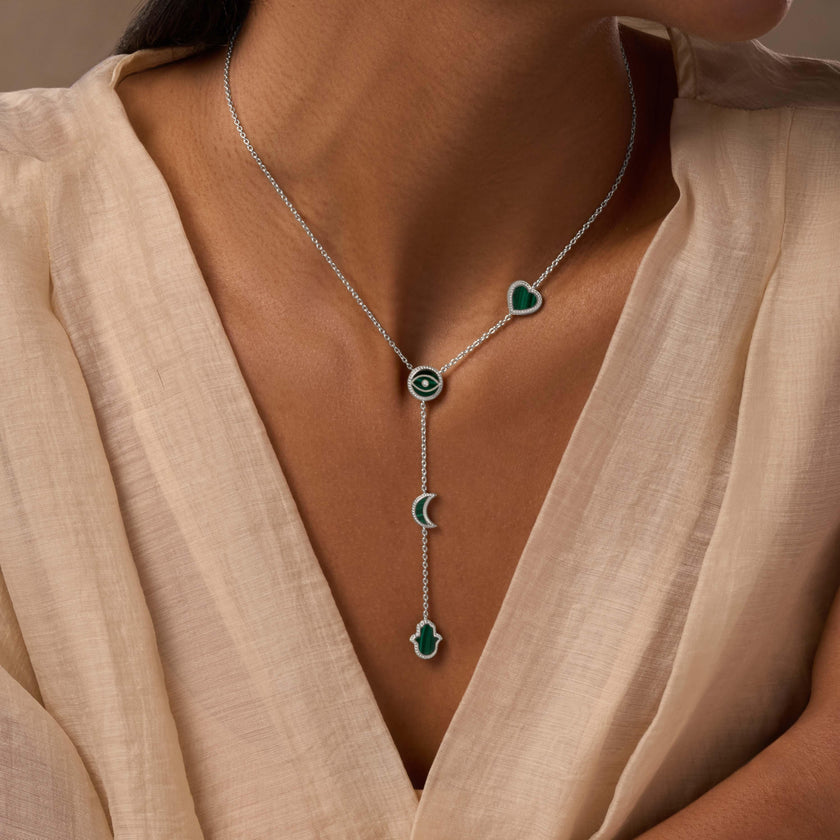 Celestial Guidance Malachite Multi-Symbol Silver Necklace