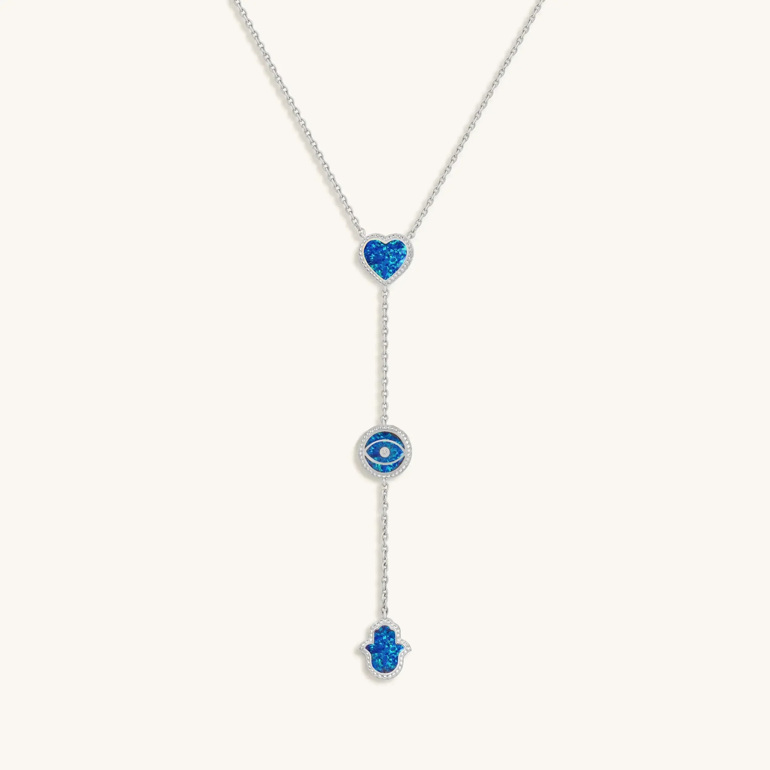 Heart’s Serenity Lab Blue Opal Multi-Symbol Silver Necklace