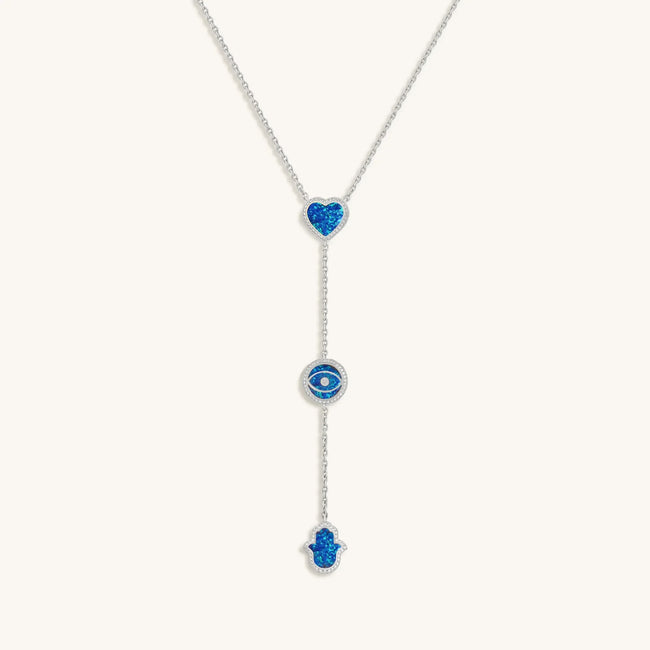 Heart’s Serenity Lab Blue Opal Multi-Symbol Silver Necklace