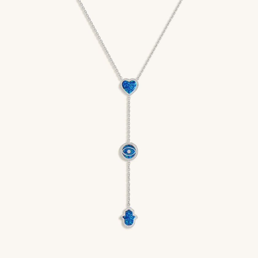 Heart’s Serenity Lab Blue Opal Multi-Symbol Silver Necklace