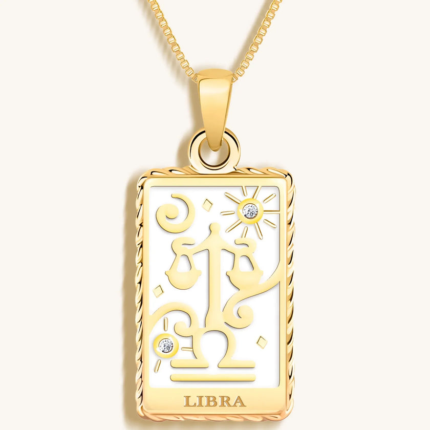 Charming Grace - White Enamel Libra Card Necklace