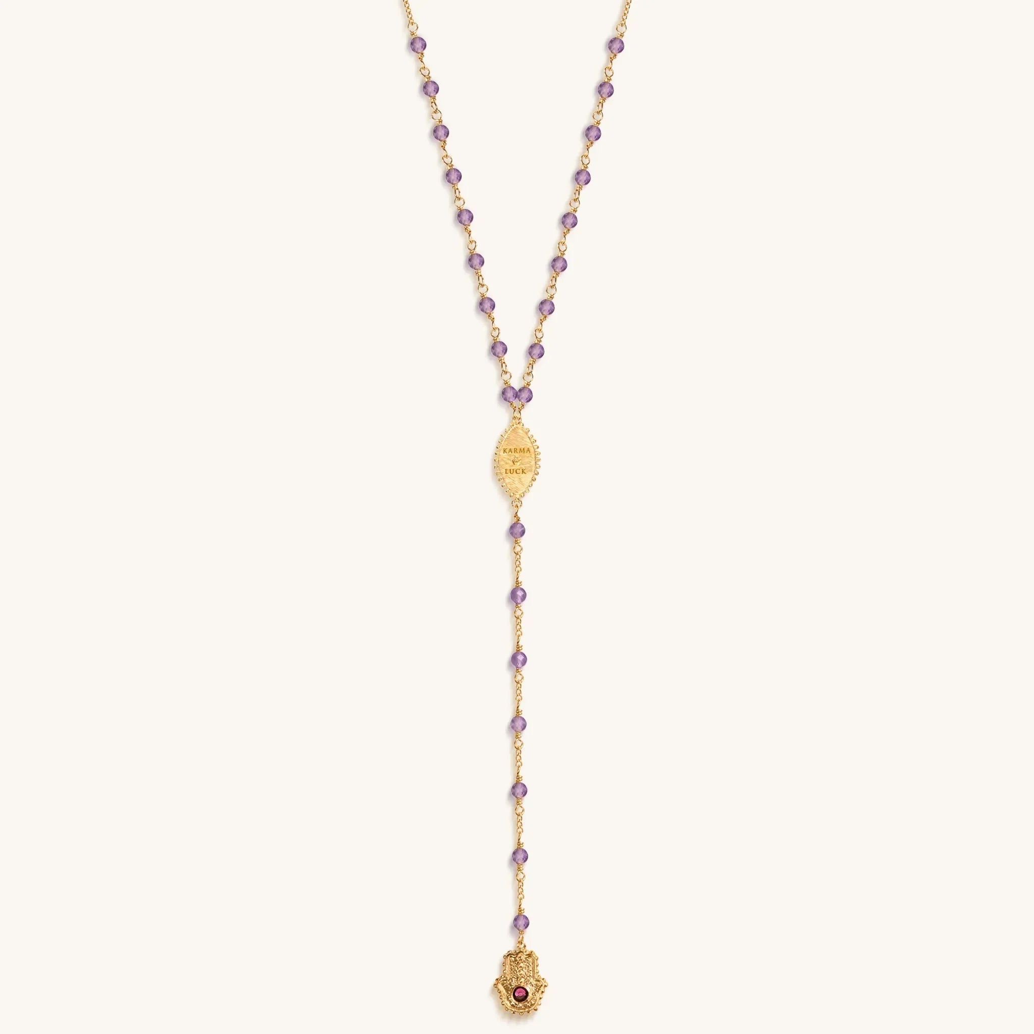 Peace of Spirit - Amethyst Evil Eye Hamsa Lariat Necklace