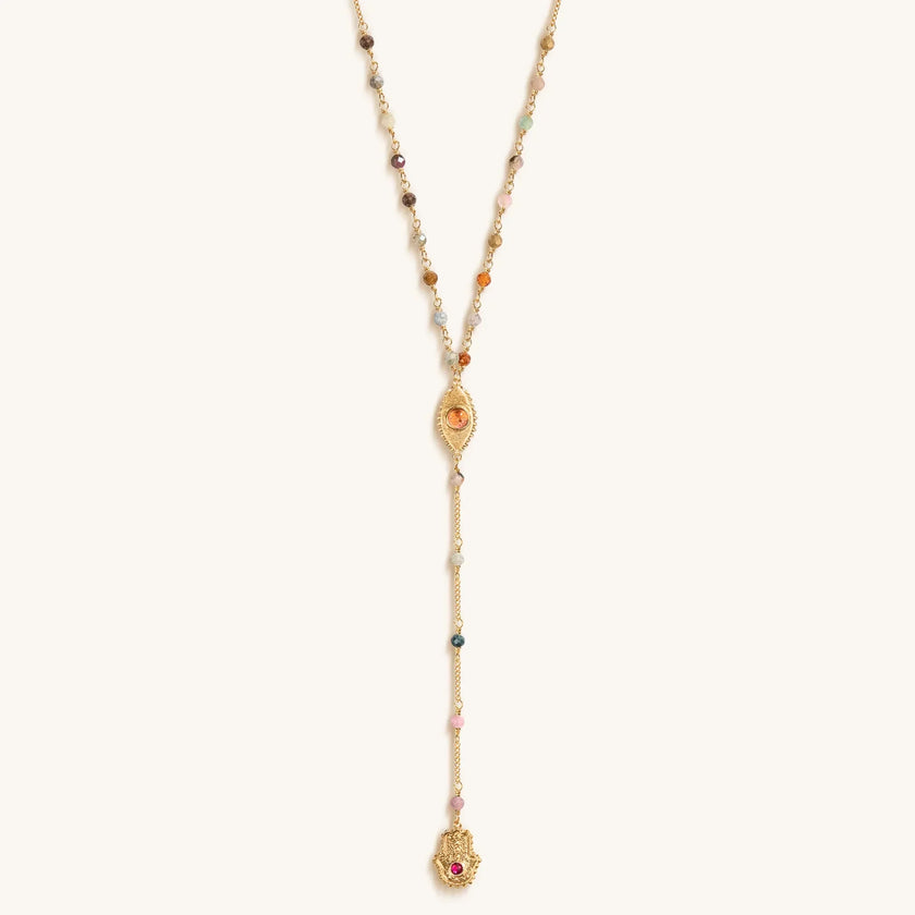 Benevolent Spirit - Tourmaline Evil Eye Hamsa Lariat Necklace