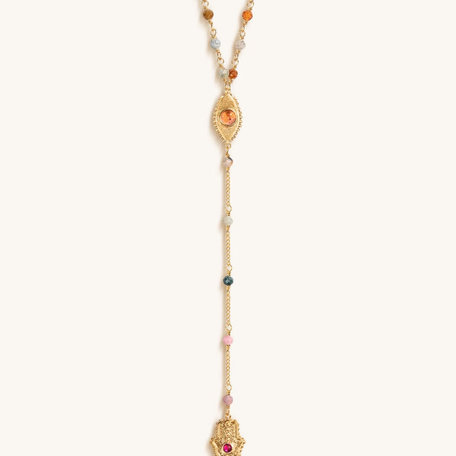 Benevolent Spirit - Tourmaline Evil Eye Hamsa Lariat Necklace