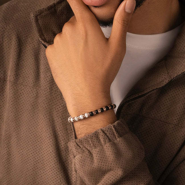 Illuminating Protection - Pearl Onyx Mantra Bracelet