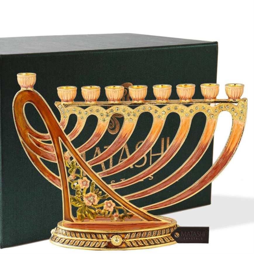 Matashi Hand-Painted Enamel Red Menorah Candelabra