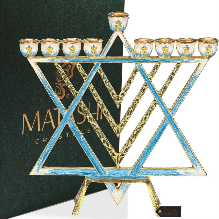 Matashi Hand Painted Blue Enamel Menorah