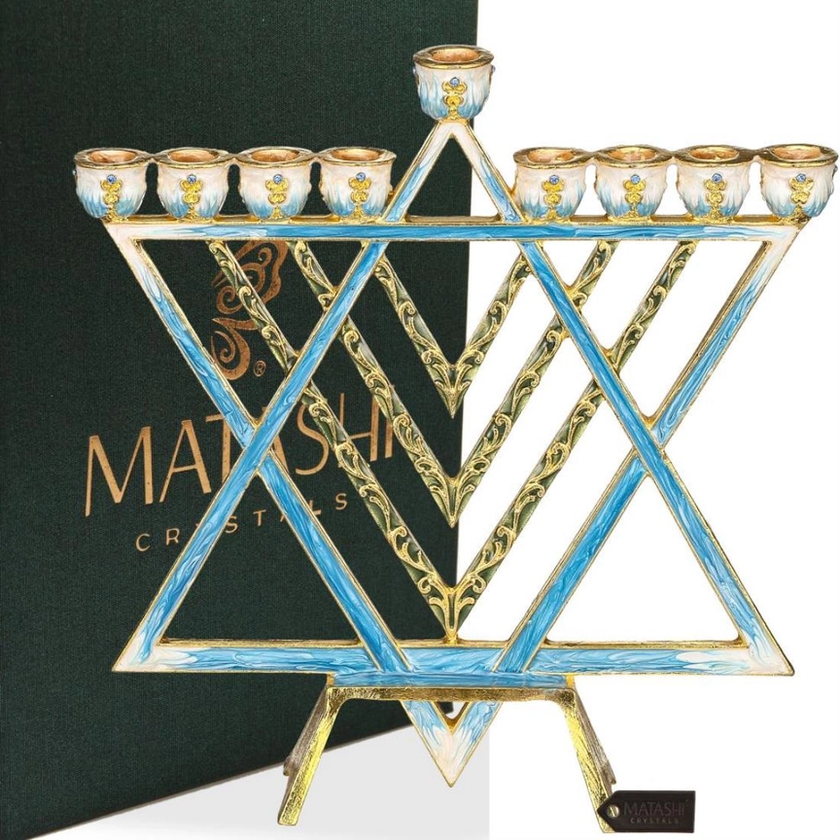 Matashi Hand Painted Blue Enamel Menorah