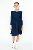 Navy L/S Ruffle Twirl Dress