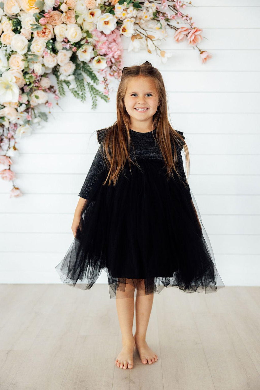 Black Shimmer 3/4 Sleeve Tutu Dress