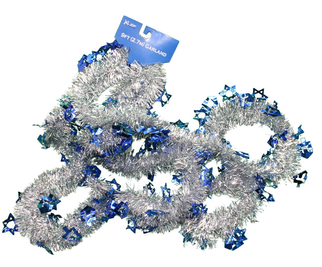 9 foot Hanukkah Tinsel Garland with Die Cut Shapes - White